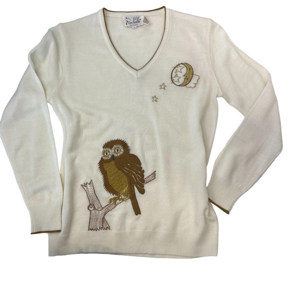 Vintage Rochelle California Embroidered Owl V Neck Pull Over 70s Sweater MED